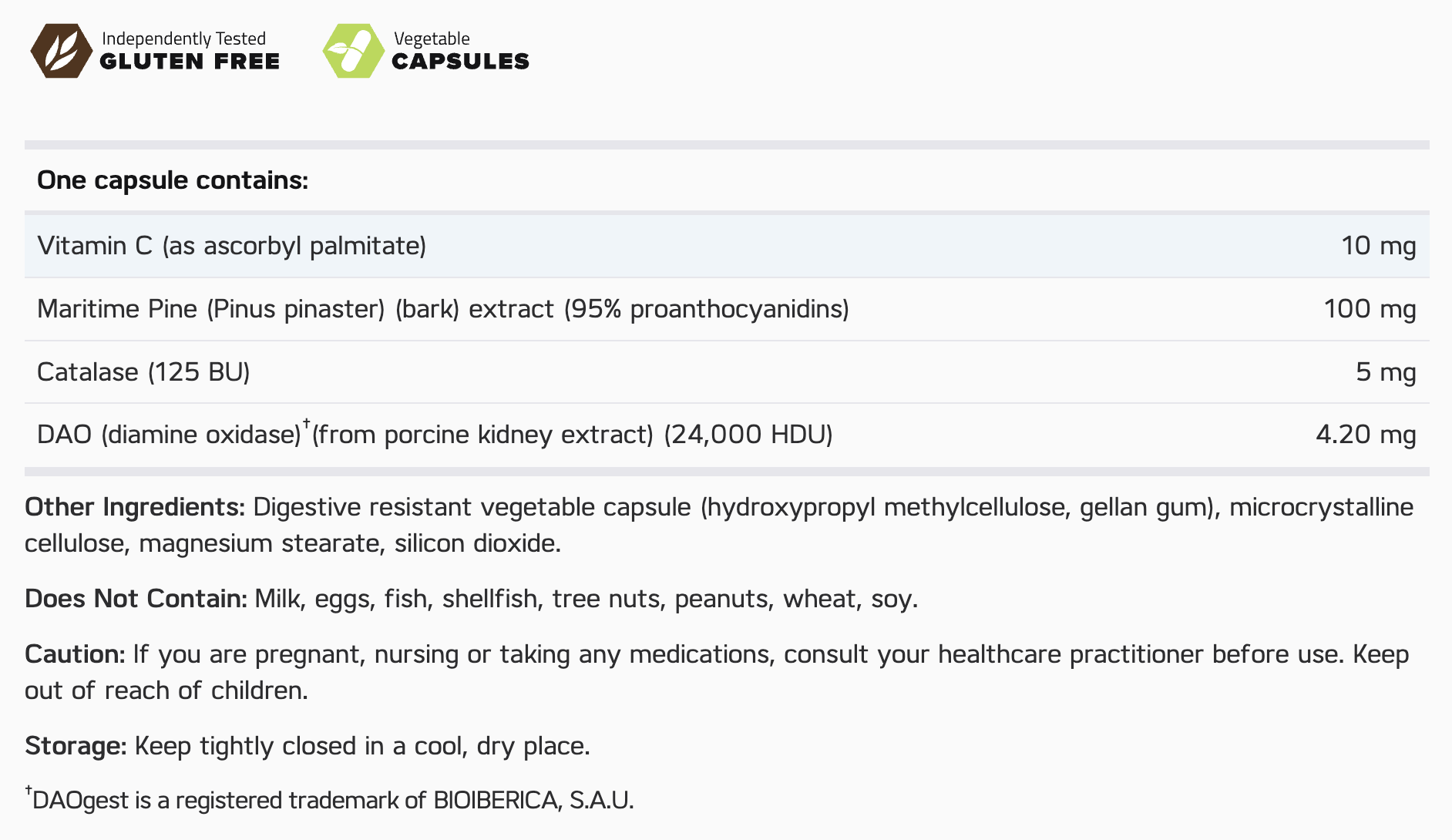 HistaMend DAO Supplement Facts