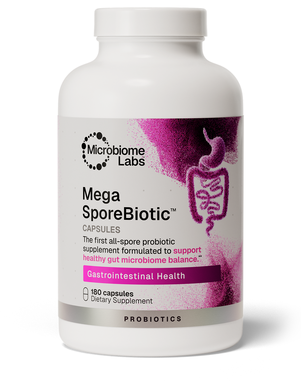 A white plastic bottle of Microbiome Labs Mega SporeBiotic dietary supplement capsules, featuring a white and magenta label with a graphic of a digestive tract.