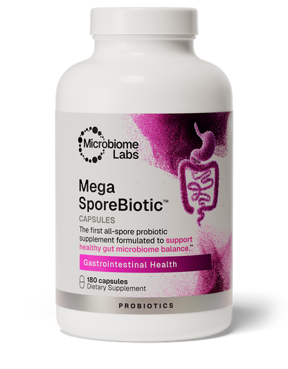 A white plastic bottle of Microbiome Labs Mega SporeBiotic dietary supplement capsules, featuring a white and magenta label with a graphic of a digestive tract.