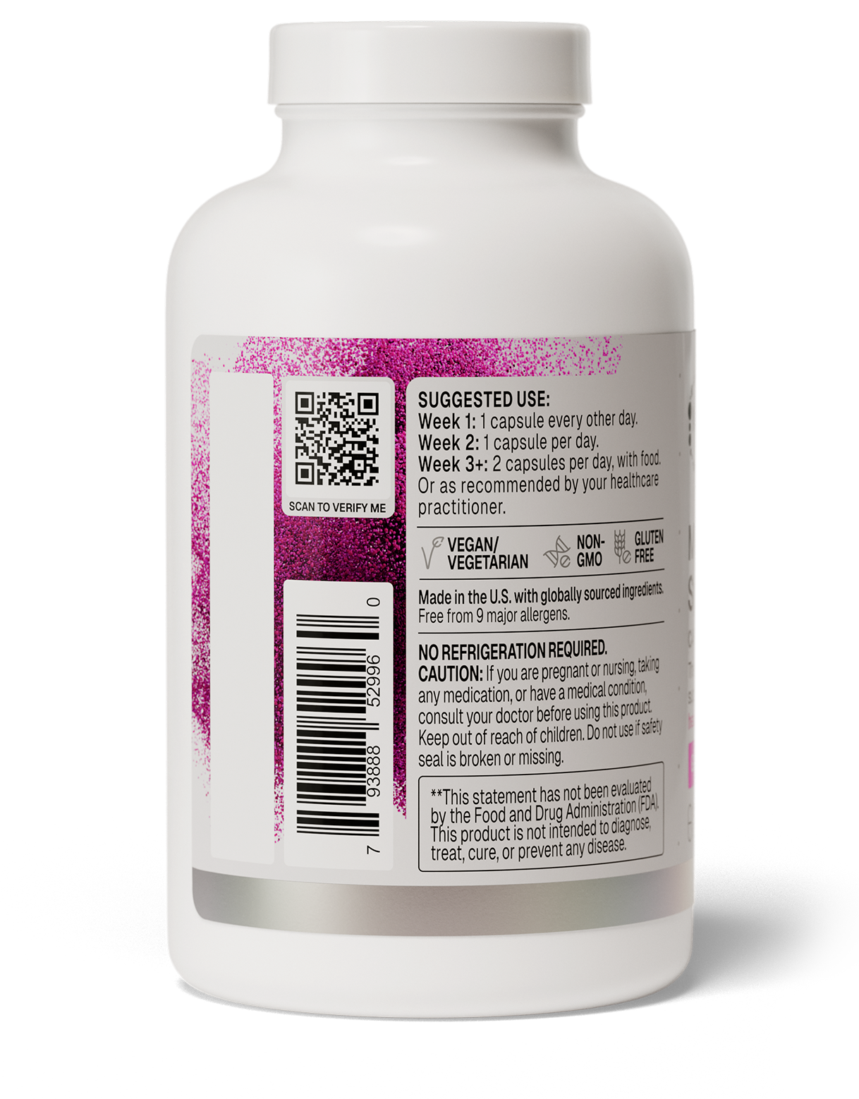 A white plastic supplement bottle shown from the back with a white label featuring pink glitter-like accents, a QR code, suggested use, and caution text.