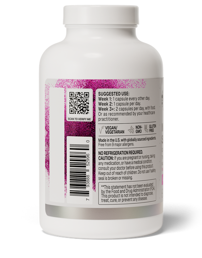 A white plastic supplement bottle shown from the back with a white label featuring pink glitter-like accents, a QR code, suggested use, and caution text.