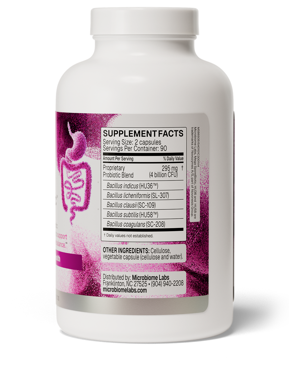 A white plastic bottle of Microbiome Labs probiotic supplement with a white cap, showing the Supplement Facts label on a white background.