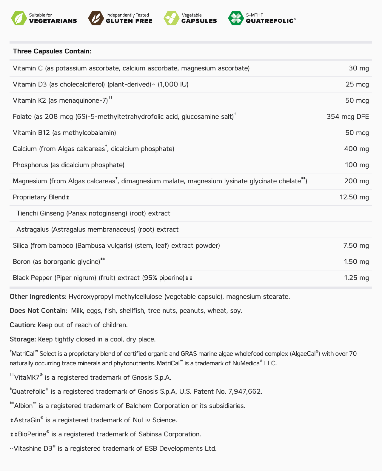 Osteo Vegan Supplement facts